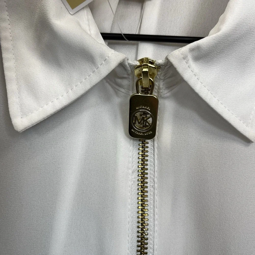 Michael‎ Kors Top White Large Roll Tab Sleeve Blouse W/Gold Zippers NEW